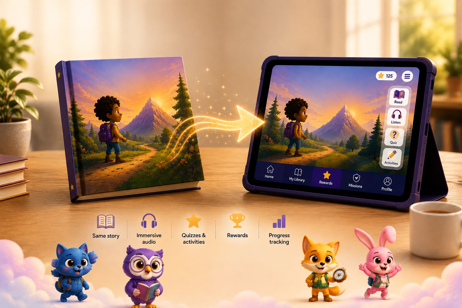 A printed REEVA picture book transforming into the same story on a REEVA tablet, with read, listen, quiz and activity features