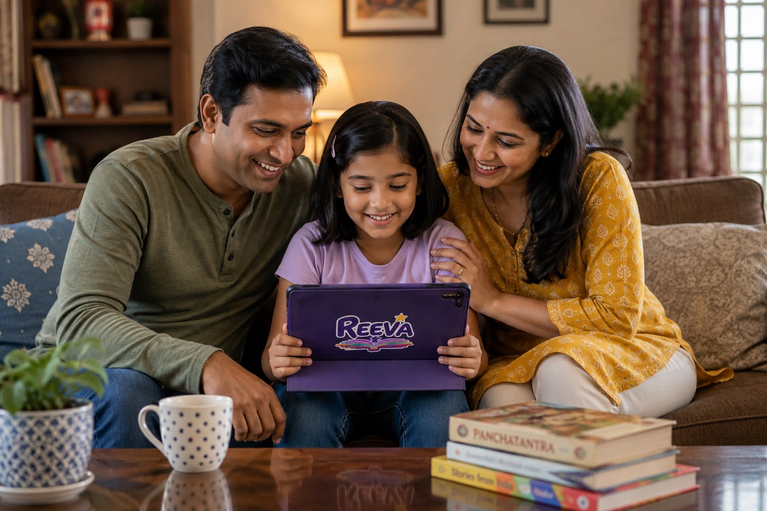 A family reading a story together at home on a REEVA tablet