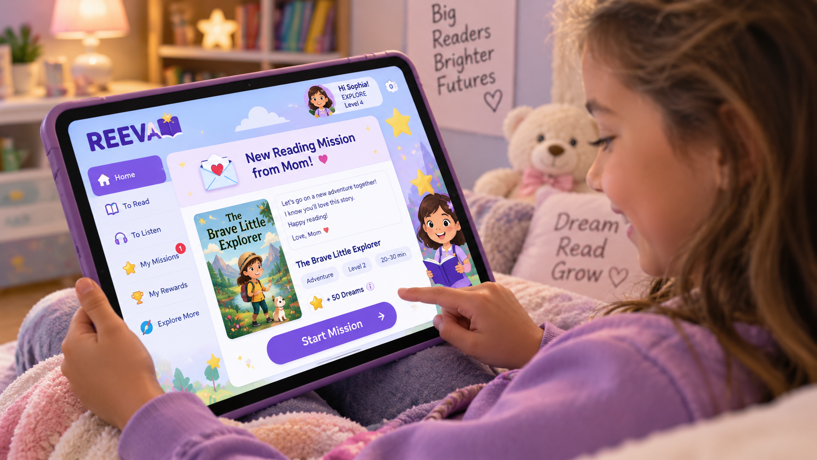 A child receiving a new reading mission from Mom in the REEVA EXPLORE experience on her tablet