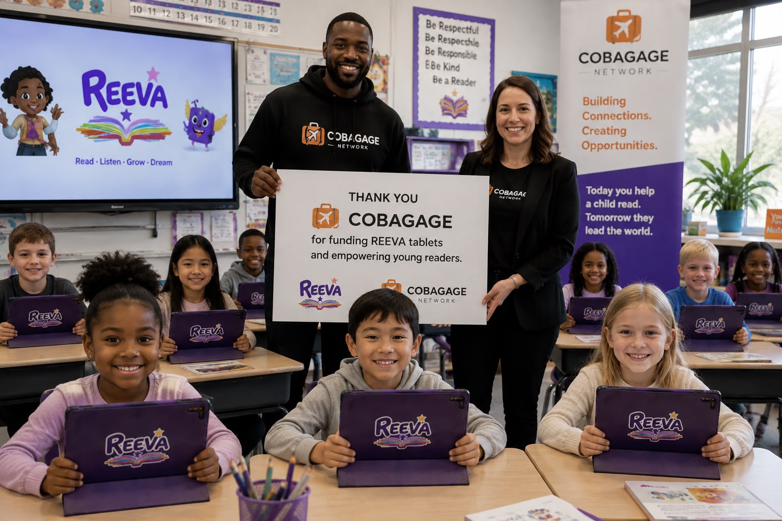 Partner representatives visiting a classroom of children holding REEVA tablets