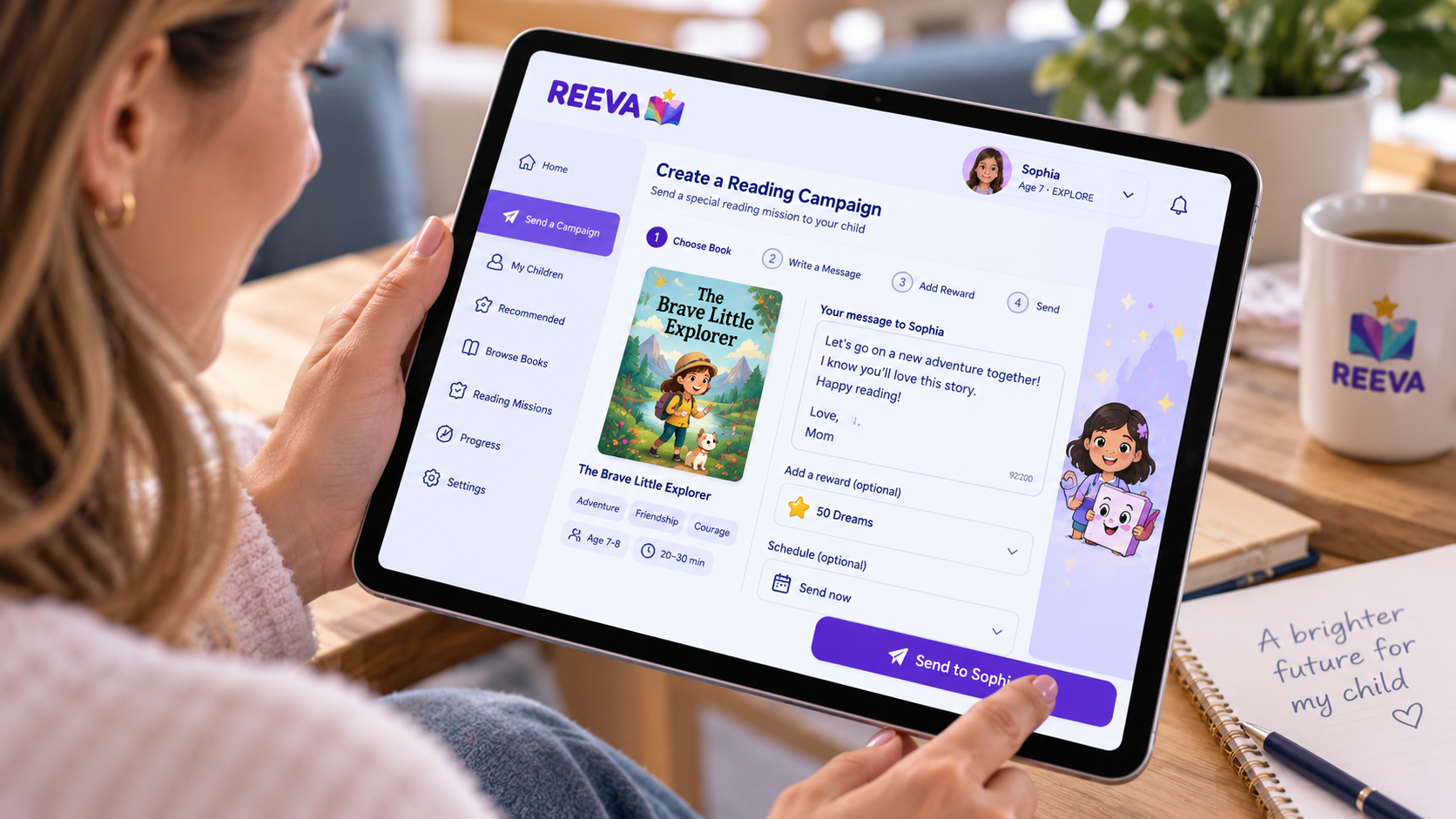 A mother choosing a story and preparing a reading mission for her child in the REEVA Parent interface