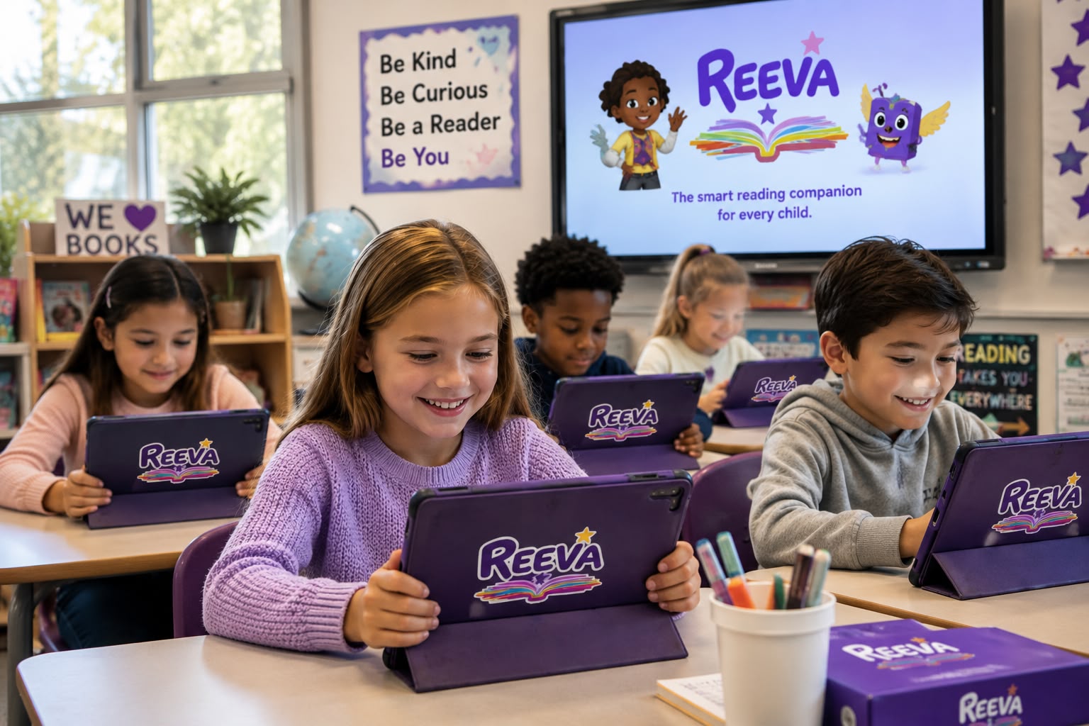 A diverse classroom of young children reading their own stories on REEVA tablets