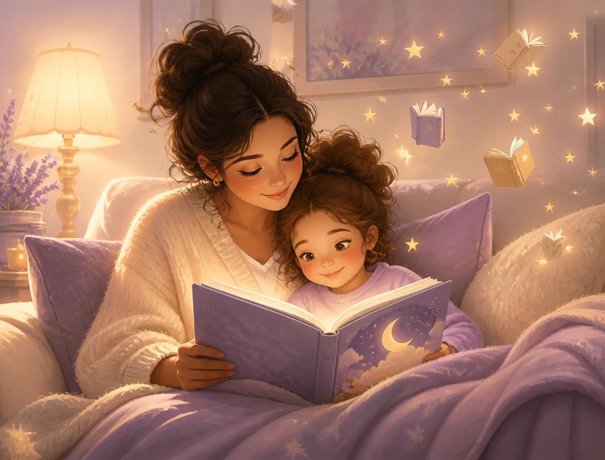A parent and child sharing a picture book together under warm lamp light