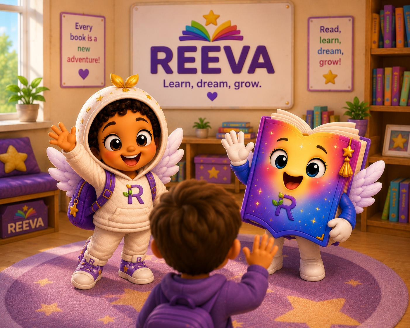 REEVA mascots waving at a child in a bright classroom full of books