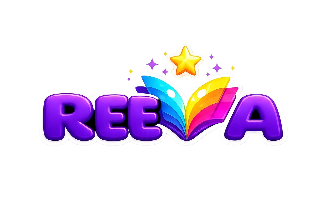 REEVA logo: the REEVA wordmark with a rainbow open book and a golden star