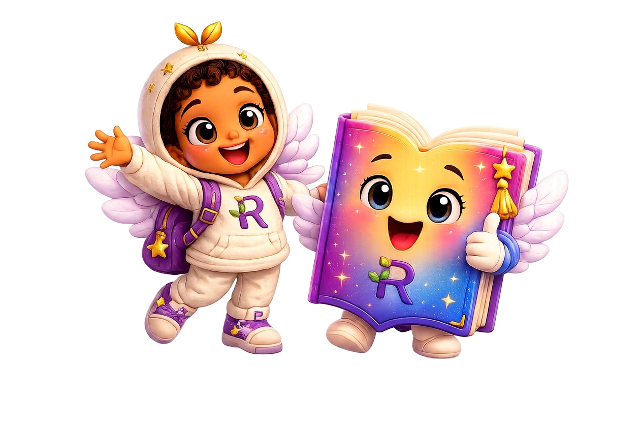 REEVA Girl and the winged REEVA Book mascot
